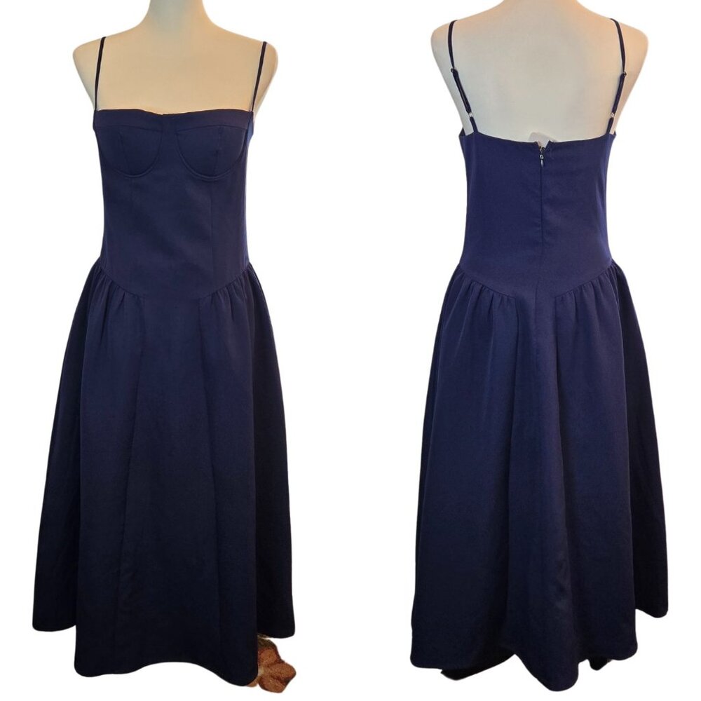 Women's Midi Dress W/ Voluminous Skirt, Adjustable Straps & Pockets  Sz: M Navy
